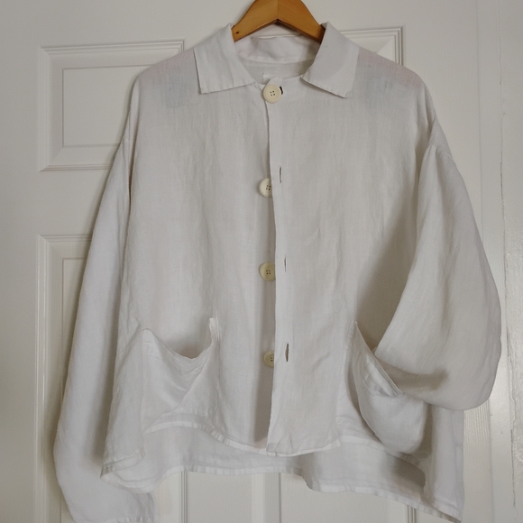 FLAX Vintage Jeanne Engleheart White Button-Up Hankie Linen Jacket - Picture 1 of 3